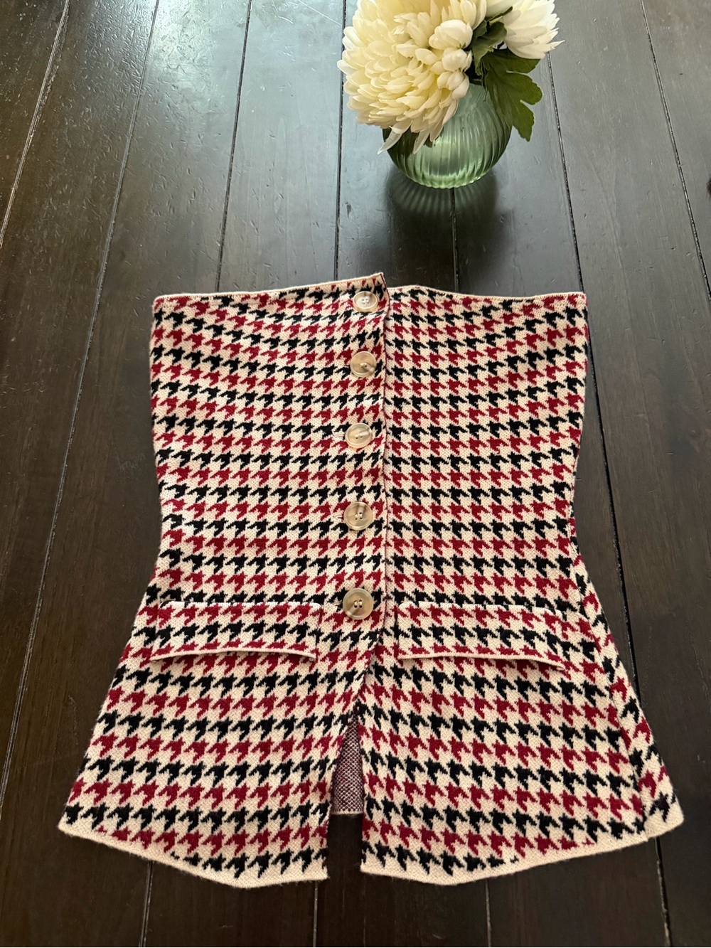 Houndstooth Button-Front Knit Skirt - Red, Black & Cream